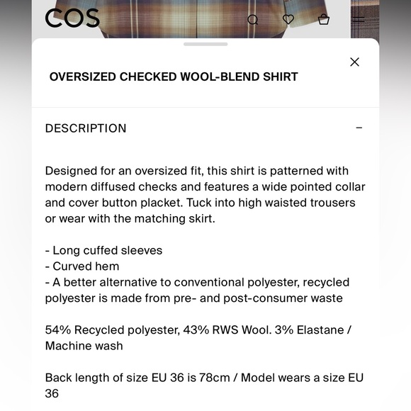 COS Oversized checked wool blend shirt with buttons dropped shoulders sz 12 - Picture 5 of 8